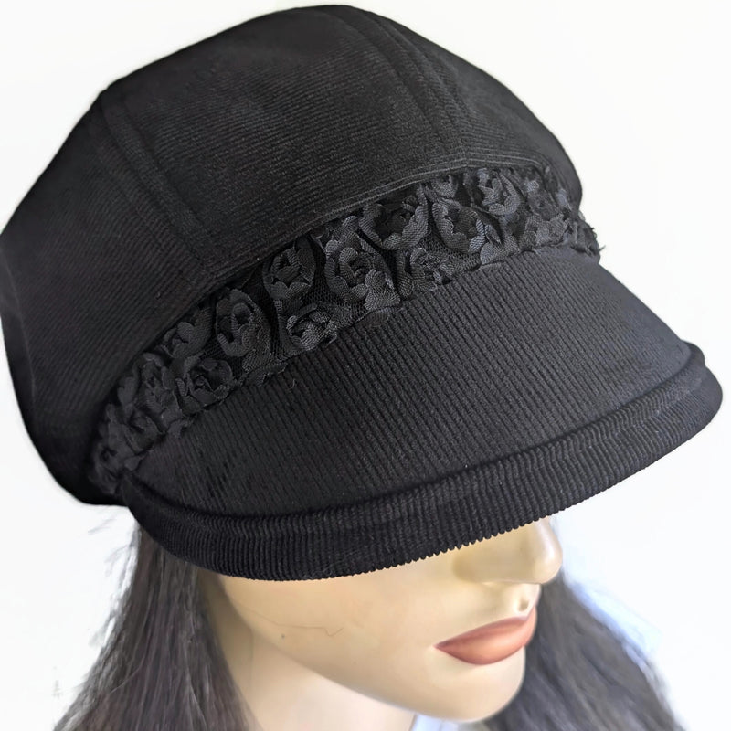 Baggy Poorboy Fashion Cap in black cord, lacey rose band with wide flattering visor, one size fit