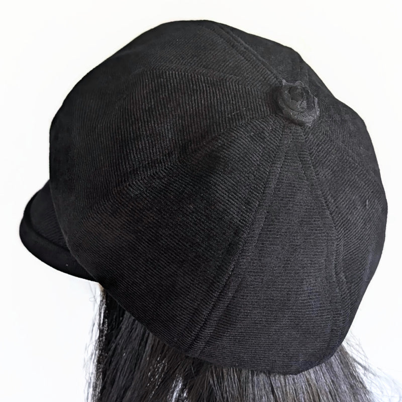 Baggy Poorboy Fashion Cap in black cord, lacey rose band with wide flattering visor, one size fit