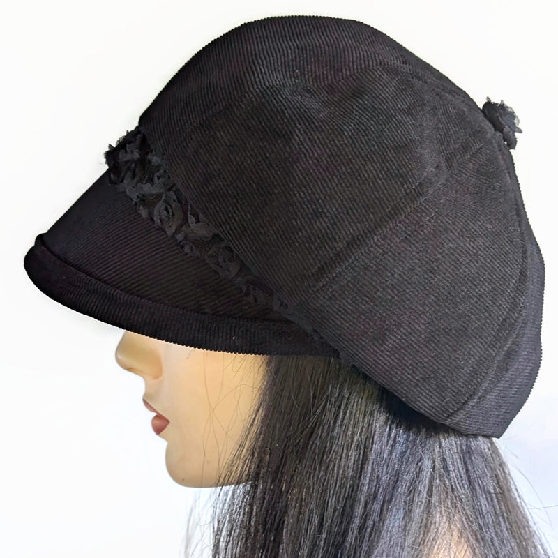 Baggy Poorboy Fashion Cap in black cord, lacey rose band with wide flattering visor, one size fit