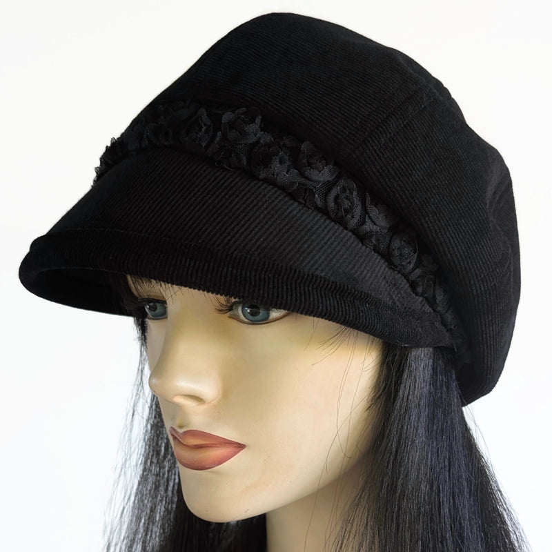 Baggy Poorboy Fashion Cap in black cord, lacey rose band with wide flattering visor, one size fit