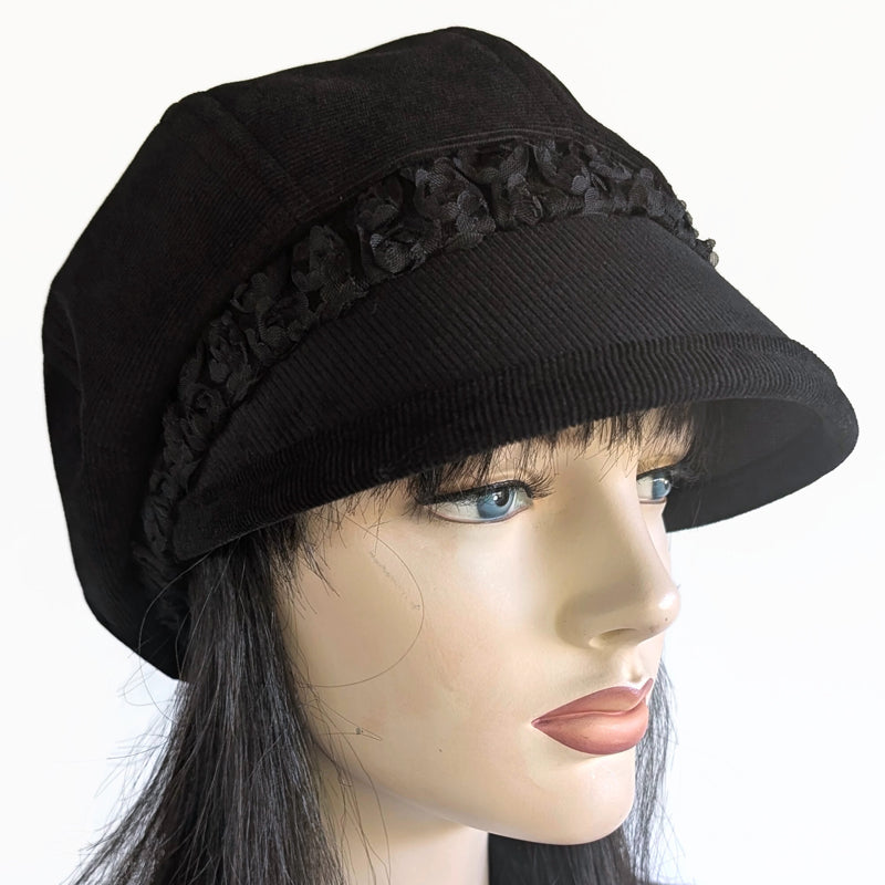 Baggy Poorboy Fashion Cap in black cord, lacey rose band with wide flattering visor, one size fit