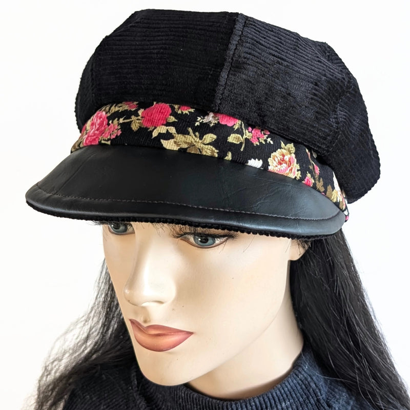 Poorboy Fashion Cap in black corduroy with black faux leather visor and red rose cord band