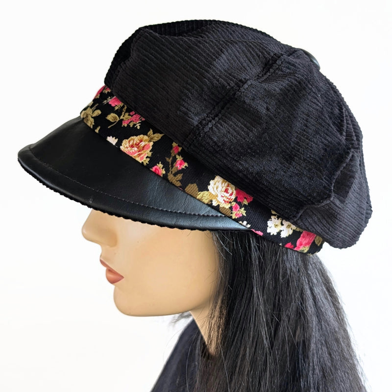 Poorboy Fashion Cap in black corduroy with black faux leather visor and red rose cord band
