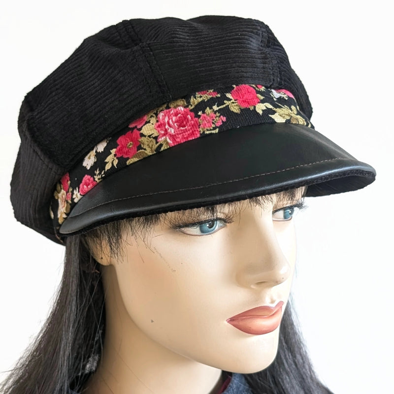 Poorboy Fashion Cap in black corduroy with black faux leather visor and red rose cord band