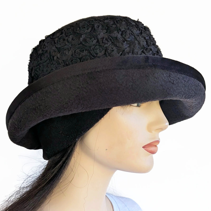 Premium Winter Fashion Hat with Earflaps, with black lacey rosettes  band, black velvet edge trim and wide brim