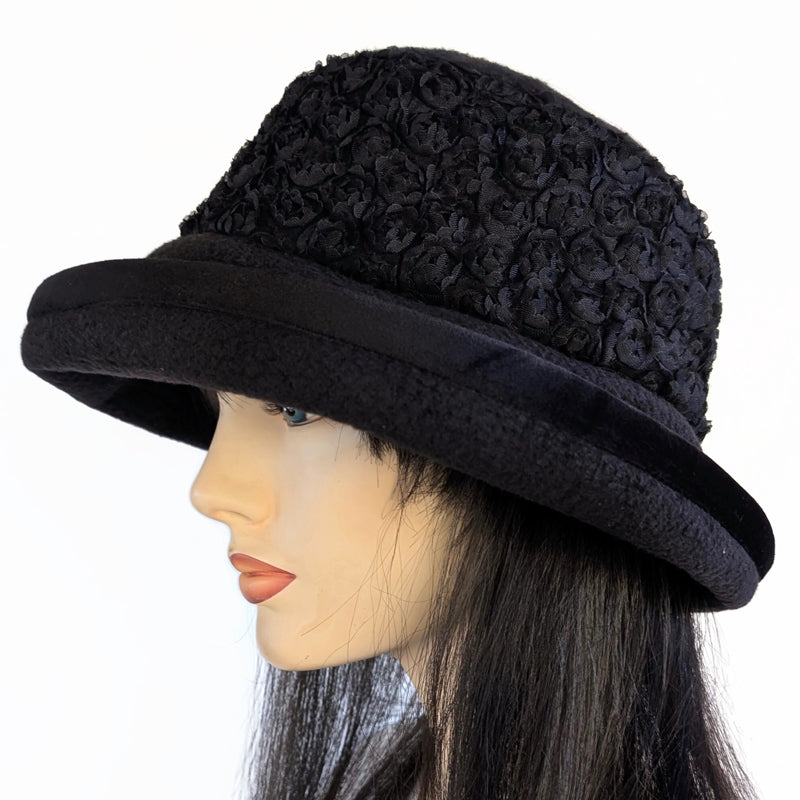 Premium Winter Fashion Hat with Earflaps, with black lacey rosettes  band, black velvet edge trim and wide brim