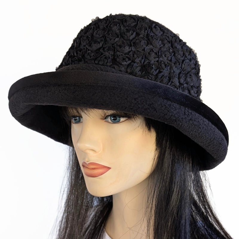 Premium Winter Fashion Hat with Earflaps, with black lacey rosettes  band, black velvet edge trim and wide brim