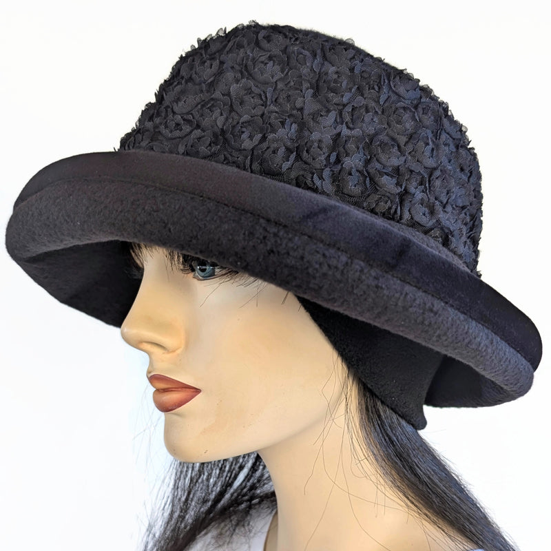 Premium Winter Fashion Hat with Earflaps, with black lacey rosettes  band, black velvet edge trim and wide brim