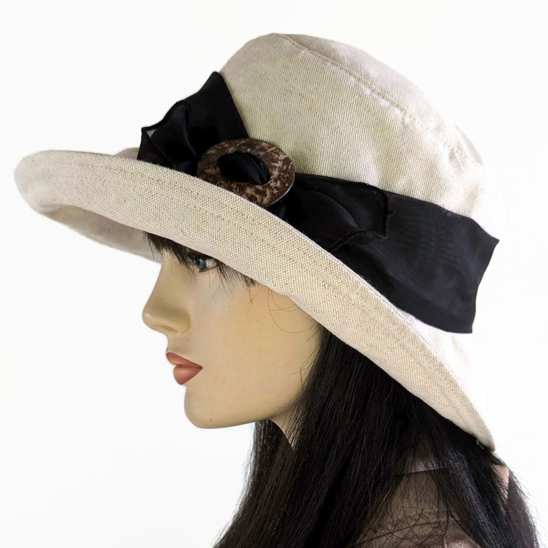 Big Brim Sunblocker Bucket Hat with Scarf - Oatmeal Cotton Flax with black scarf