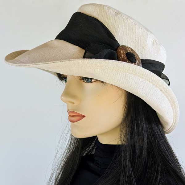 Big Brim Sunblocker Bucket Hat with Scarf - Oatmeal Cotton Flax with black scarf