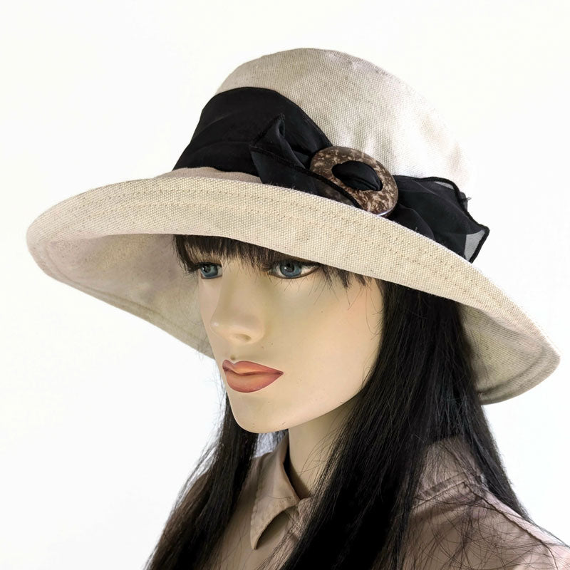 Big Brim Sunblocker Bucket Hat with Scarf - Oatmeal Cotton Flax with black scarf