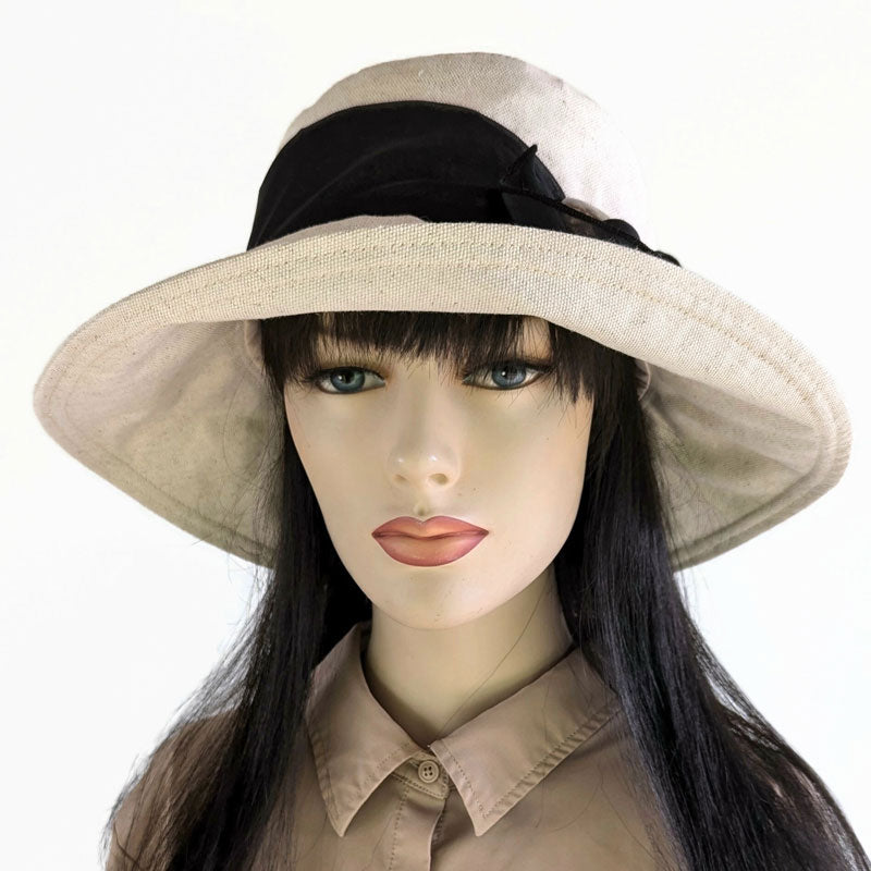 Big Brim Sunblocker Bucket Hat with Scarf - Oatmeal Cotton Flax with black scarf