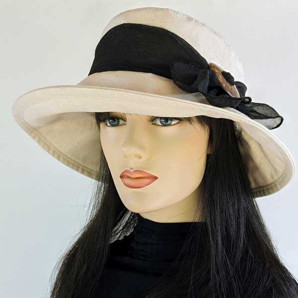 Big Brim Sunblocker Bucket Hat with Scarf - Oatmeal Cotton Flax with black scarf