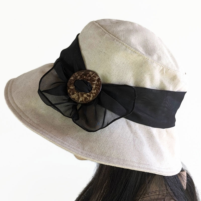 Big Brim Sunblocker Bucket Hat with Scarf - Oatmeal Cotton Flax with black scarf