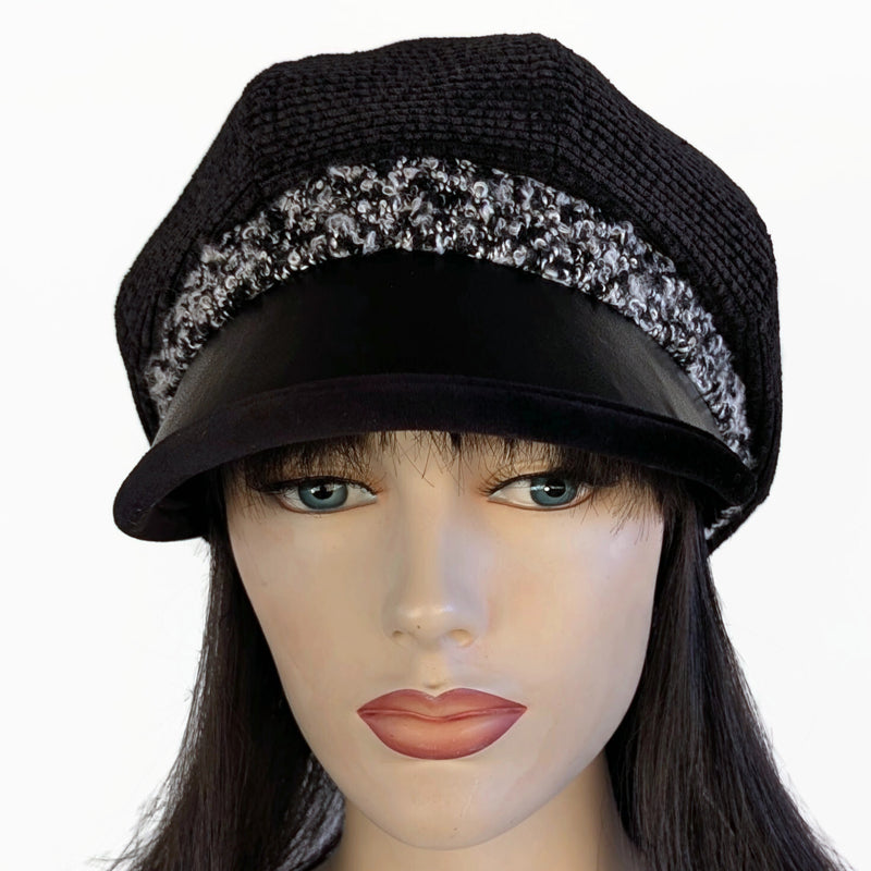 Baggy Poorboy Newsboy Fashion Cap in  cord, boucle trim, with wide flattering faux leather visor, one size fit