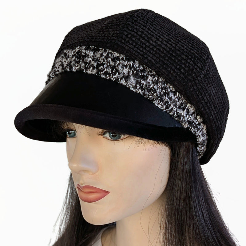 Baggy Poorboy Newsboy Fashion Cap in  cord, boucle trim, with wide flattering faux leather visor, one size fit
