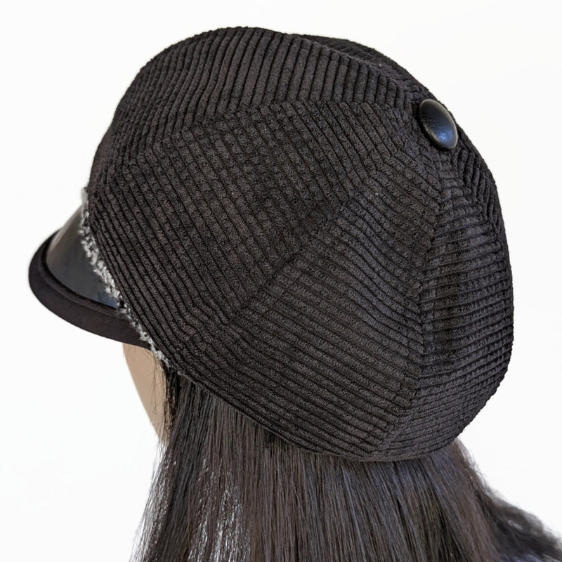 Baggy Poorboy Newsboy Fashion Cap in  cord, boucle trim, with wide flattering faux leather visor, one size fit
