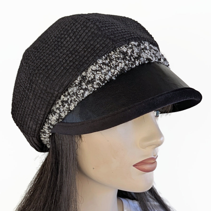 Baggy Poorboy Newsboy Fashion Cap in  cord, boucle trim, with wide flattering faux leather visor, one size fit