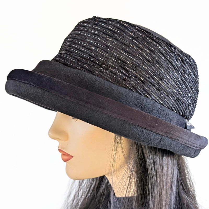 Premium Winter Fashion Hat with earflaps, in black with sparkly black and silver velvet band, black velvet trim and wide brim