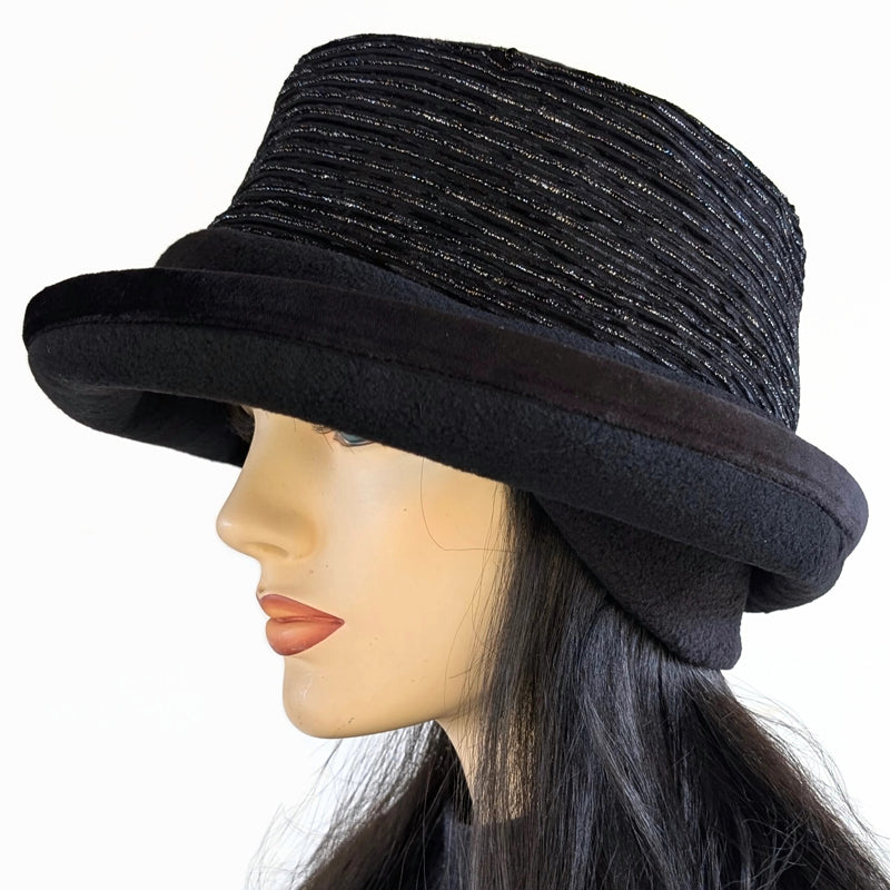Premium Winter Fashion Hat with earflaps, in black with sparkly black and silver velvet band, black velvet trim and wide brim