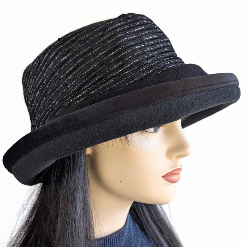 Premium Winter Fashion Hat with earflaps, in black with sparkly black and silver velvet band, black velvet trim and wide brim