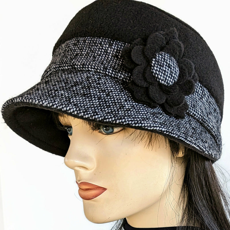 Rosie Cap with wrap around visor, removable floral pin, black tweed