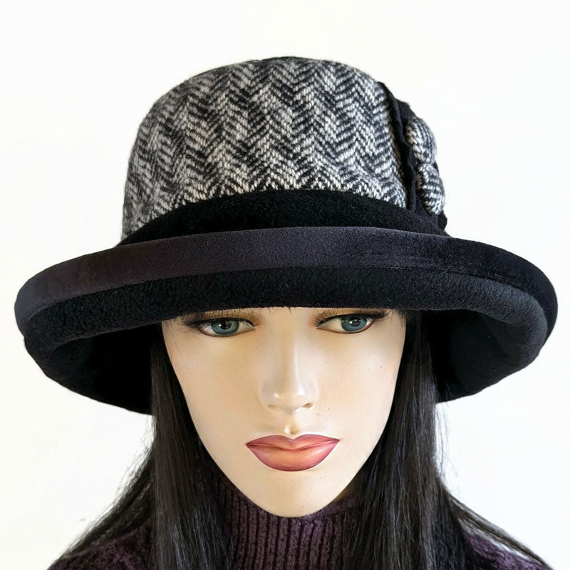 Premium Winter Fashion Hat with velvet trim, button trim,  black with wool tweed trim