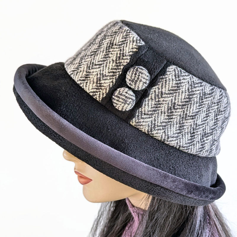 Premium Winter Fashion Hat with velvet trim, button trim,  black with wool tweed trim