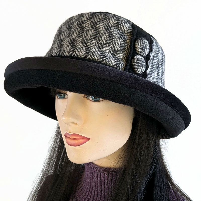 Premium Winter Fashion Hat with velvet trim, button trim,  black with wool tweed trim