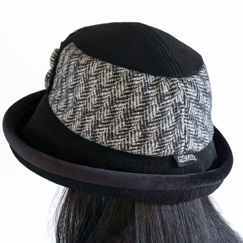 Premium Winter Fashion Hat with velvet trim, button trim,  black with wool tweed trim