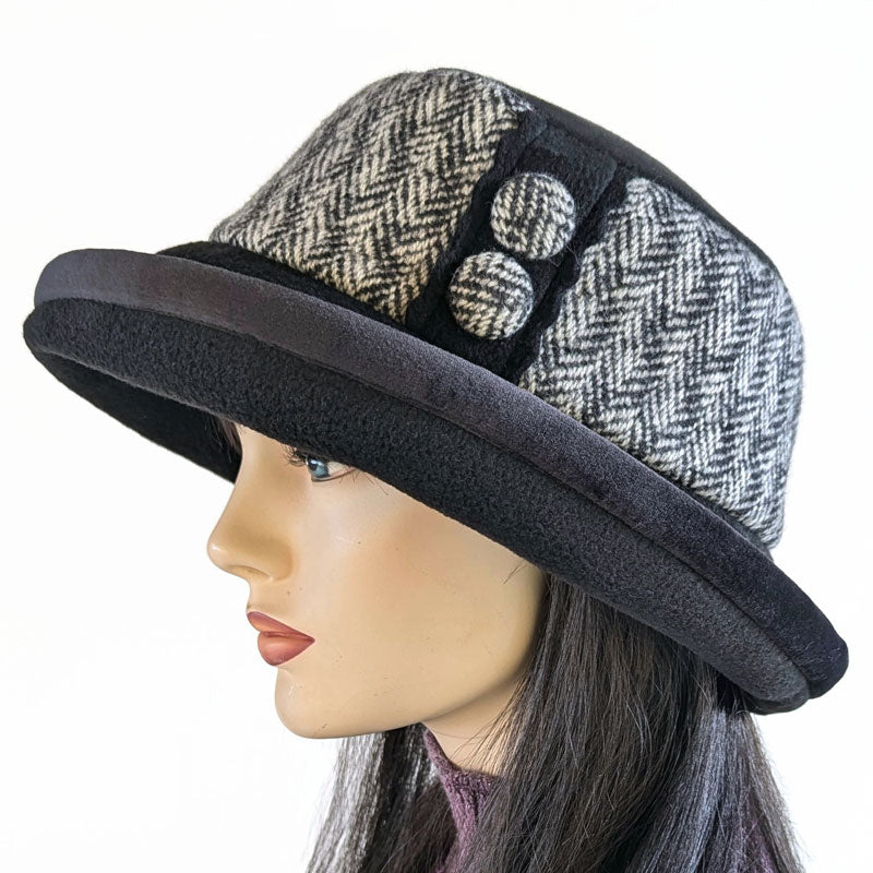 Premium Winter Fashion Hat with velvet trim, button trim,  black with wool tweed trim