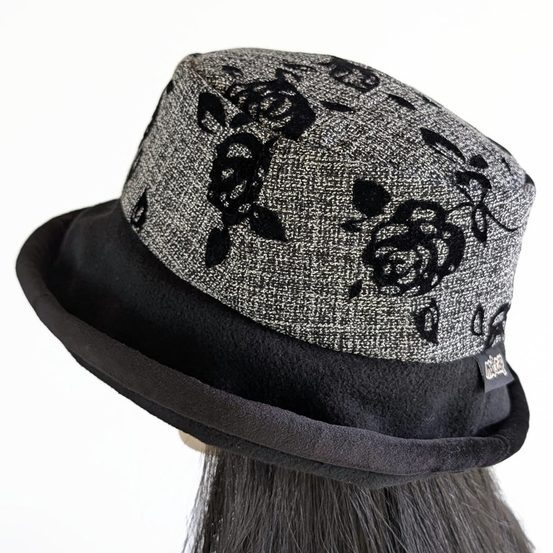 Winter Fashion hat with upturned bucket brim, black velvet roses, soft velvet edge