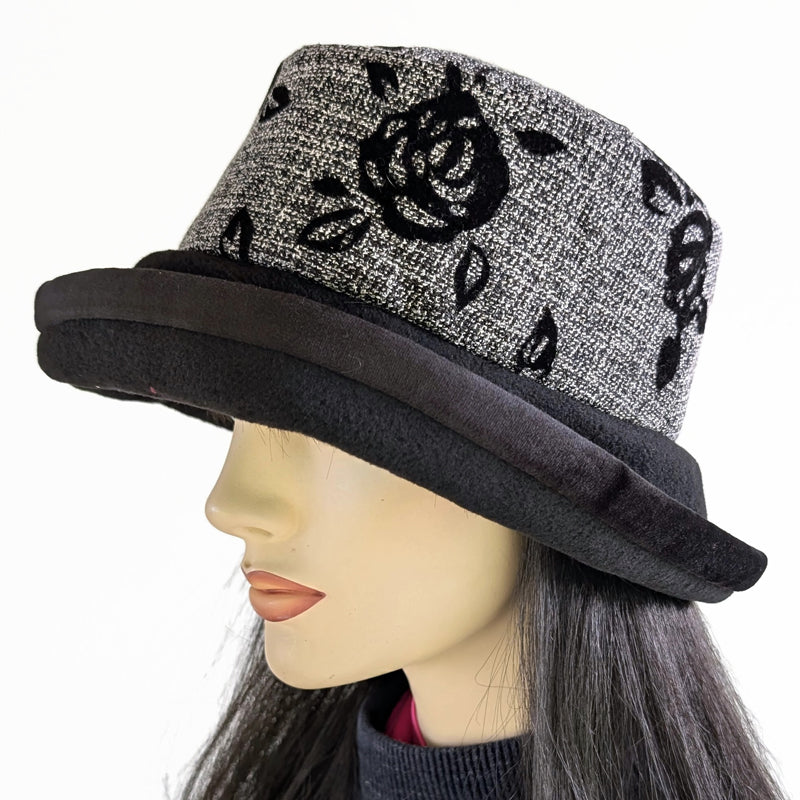 Winter Fashion hat with upturned bucket brim, black velvet roses, soft velvet edge