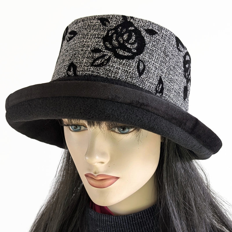 Winter Fashion hat with upturned bucket brim, black velvet roses, soft velvet edge