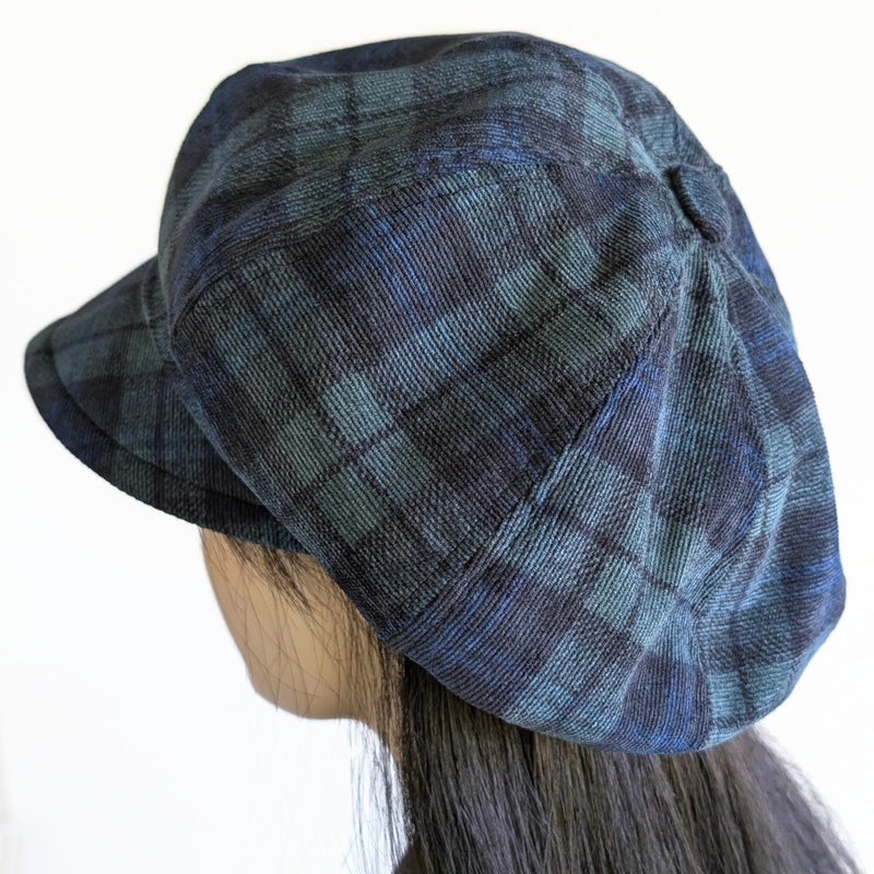 Poorboy Newsboy Fashion Cap in black watch plaid, beautiful soft corduroy, relaxed fit