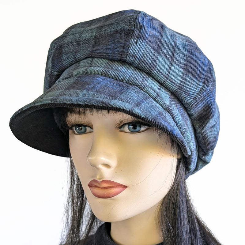 Poorboy Newsboy Fashion Cap in black watch plaid, beautiful soft corduroy, relaxed fit