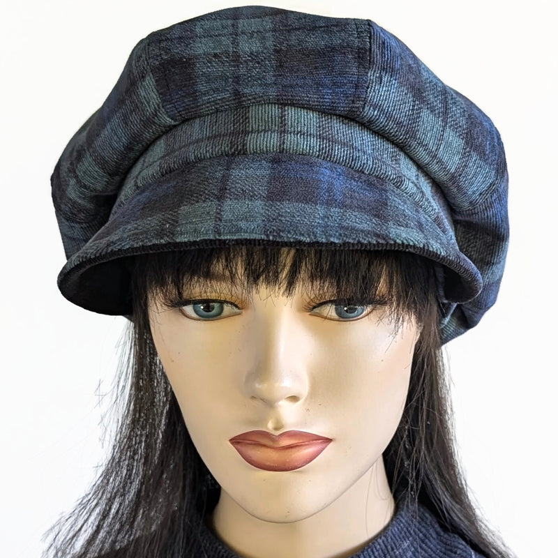 Poorboy Newsboy Fashion Cap in black watch plaid, beautiful soft corduroy, relaxed fit