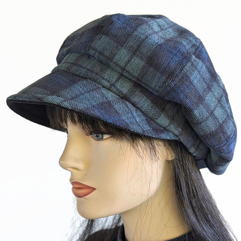 Poorboy Newsboy Fashion Cap in black watch plaid, beautiful soft corduroy, relaxed fit