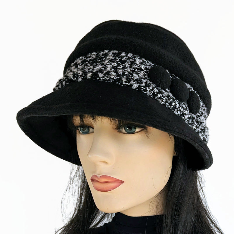 Rosie Winter Bucket Hat, black with textured boucle and button trim