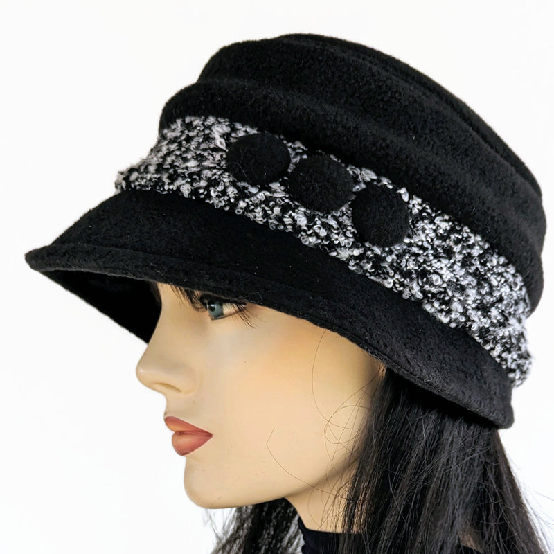 Rosie Winter Bucket Hat, black with textured boucle and button trim