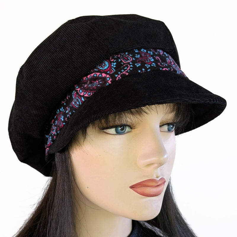 New Boho Fashion Cap in black with black with fun paisley print band, relaxed fit in corduroy