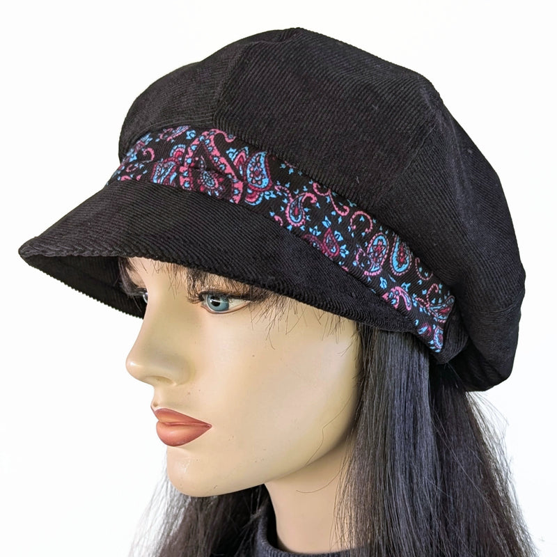 New Boho Fashion Cap in black with black with fun paisley print band, relaxed fit in corduroy