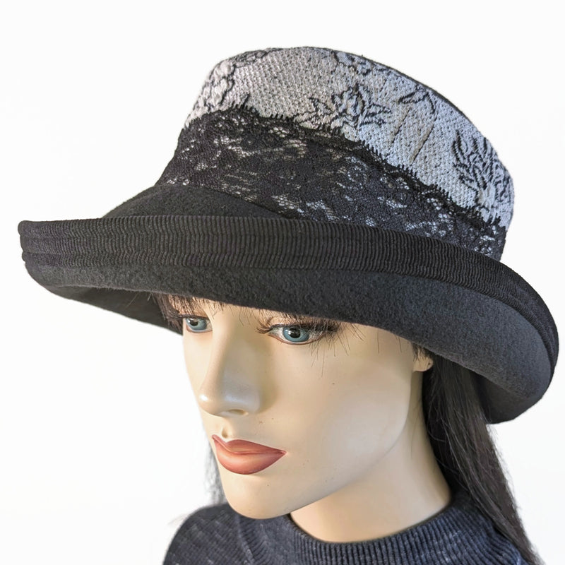 Winter Fashion hat with large bucket brim, charcoal and black floral with lace trim