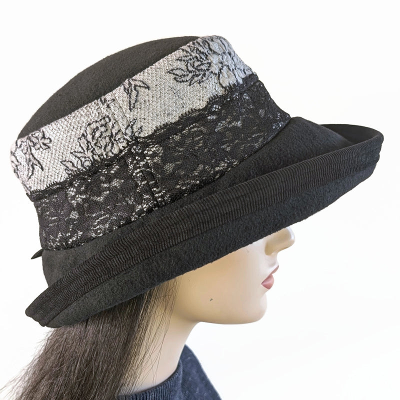 Winter Fashion hat with large bucket brim, charcoal and black floral with lace trim