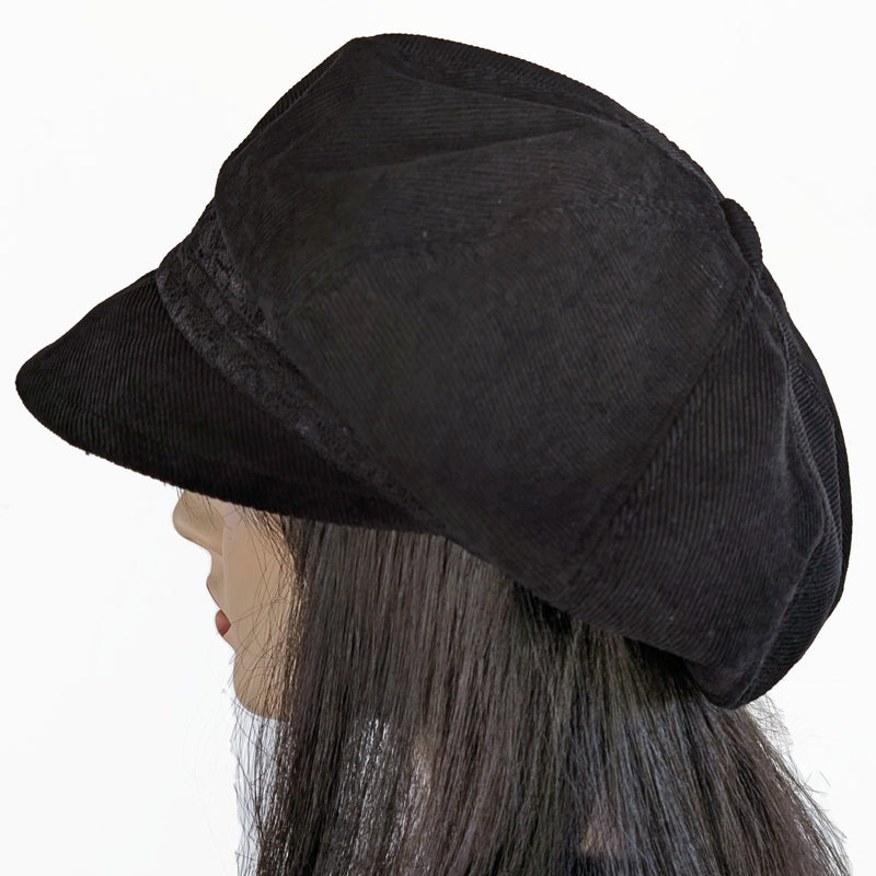 Newsboy Poorboy Fashion Cap with black lace trim, relaxed fit, Assorted Colors
