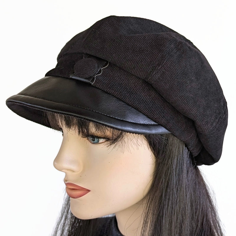 Baggy Newsboy Fashion Cap in black with black vegan leather trim, relaxed fit