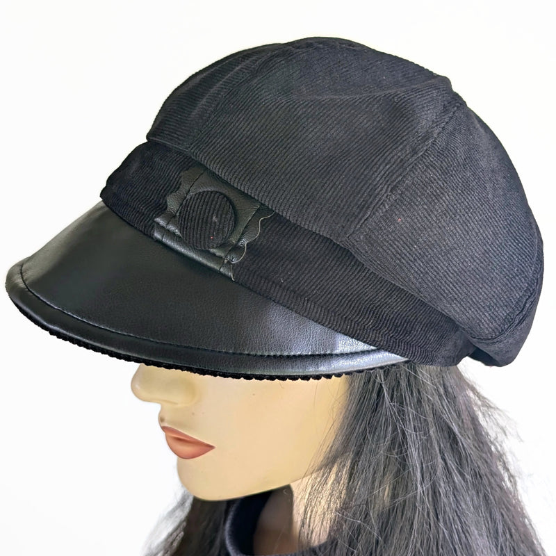 Baggy Newsboy Fashion Cap in black with black vegan leather trim, relaxed fit