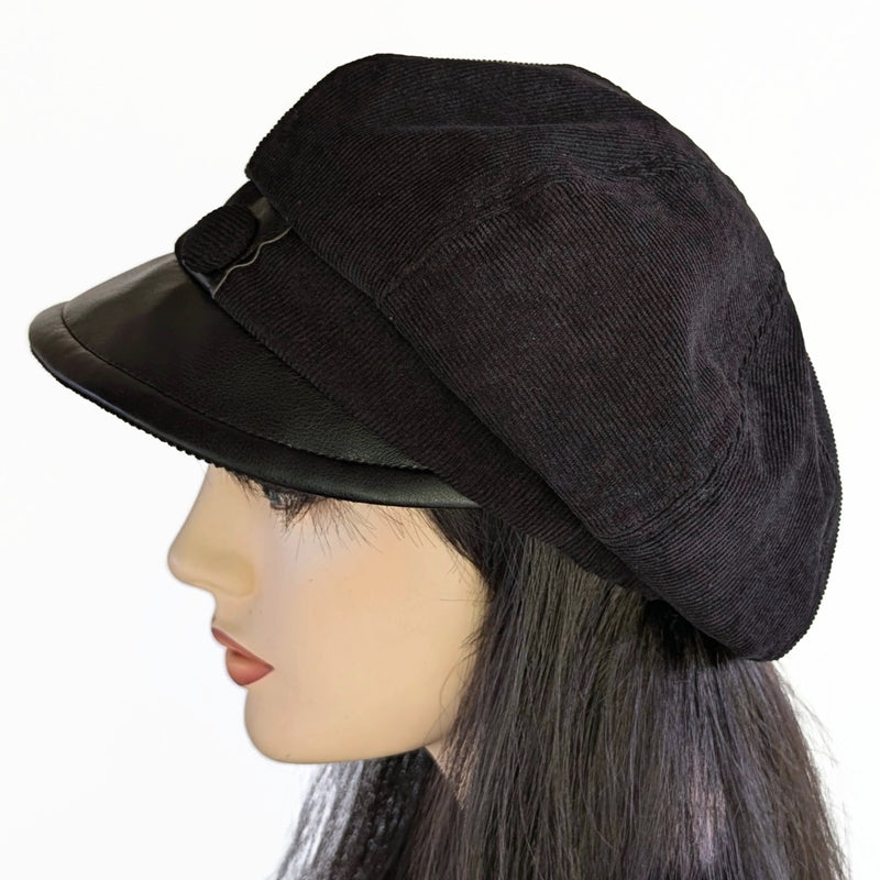 Baggy Newsboy Fashion Cap in black with black vegan leather trim, relaxed fit