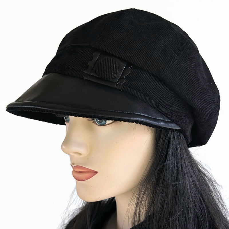 Baggy Newsboy Fashion Cap in black with black vegan leather trim, relaxed fit