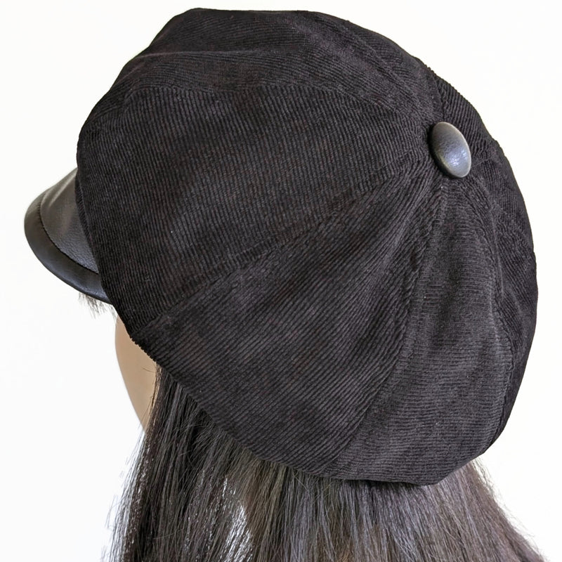 Baggy Newsboy Fashion Cap in black with black vegan leather trim, relaxed fit